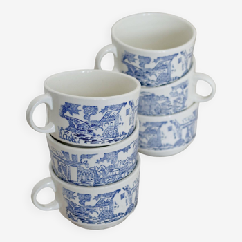 6 large vintage coffee/tea cups Sarreguemines earthenware blue pattern