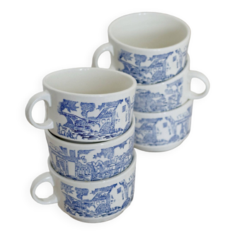 6 grandes tasses à café / thé vintage faience Sarreguemines motif bleu