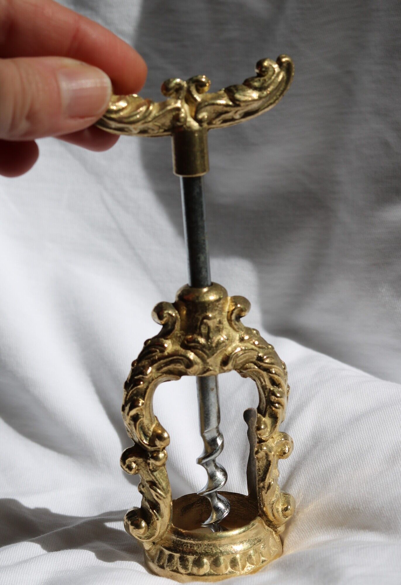 French ornate brass corkscrew wine opener