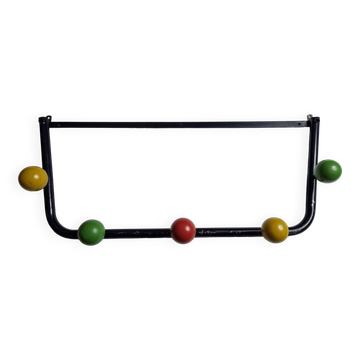 Portemanteau vintage en métal et bois, 5 patères, 74 cm