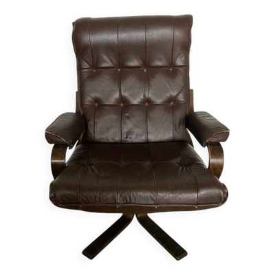 Fauteuil berçant et pivotant scandinave – bois cintré et cuir