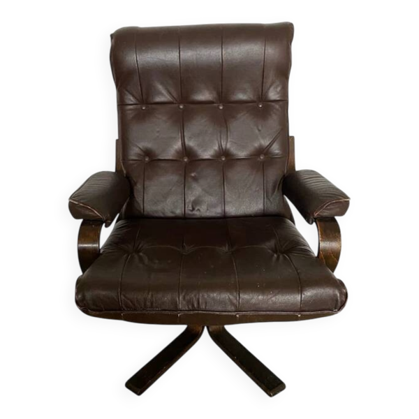 Fauteuil berçant et pivotant scandinave – bois cintré et cuir