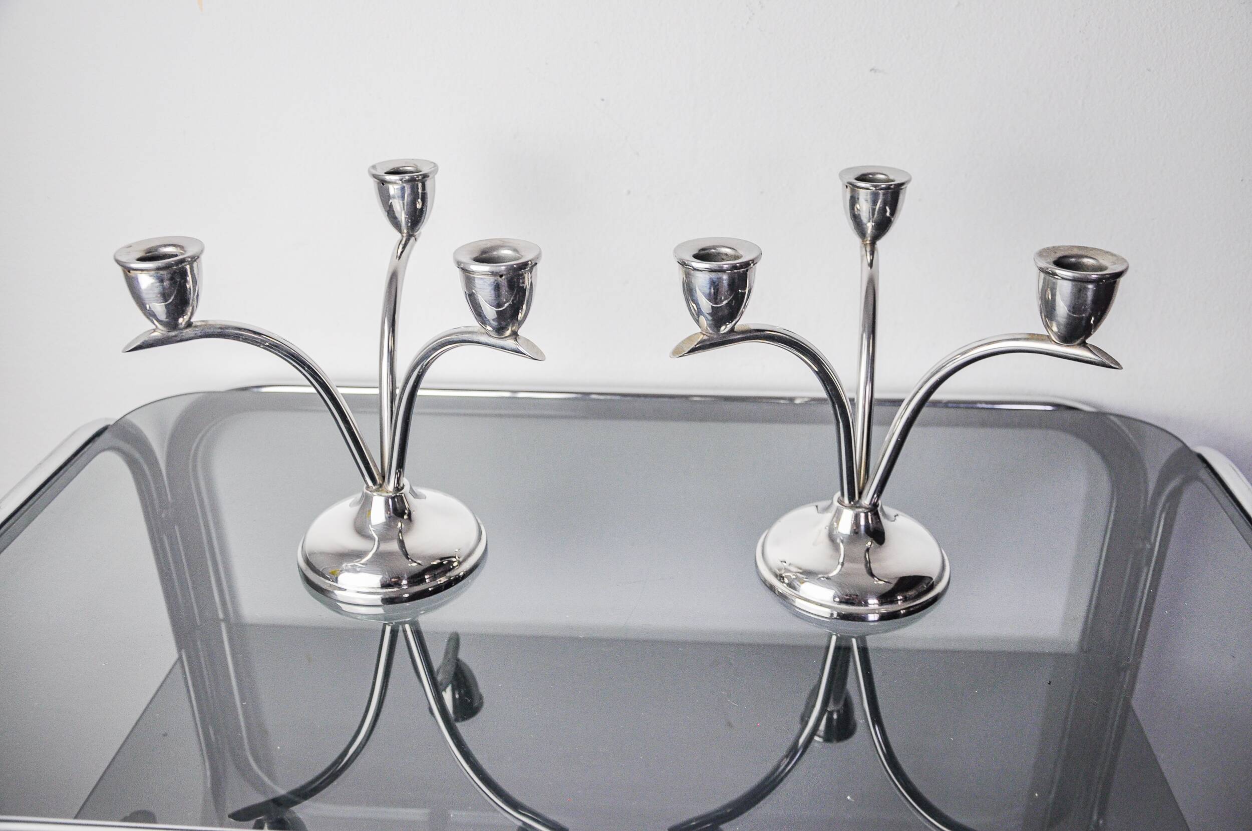 Pair of art deco stainless steel 3-flame candlesticks, Spain, 1970