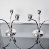 Pair of art deco stainless steel 3-flame candlesticks, Spain, 1970