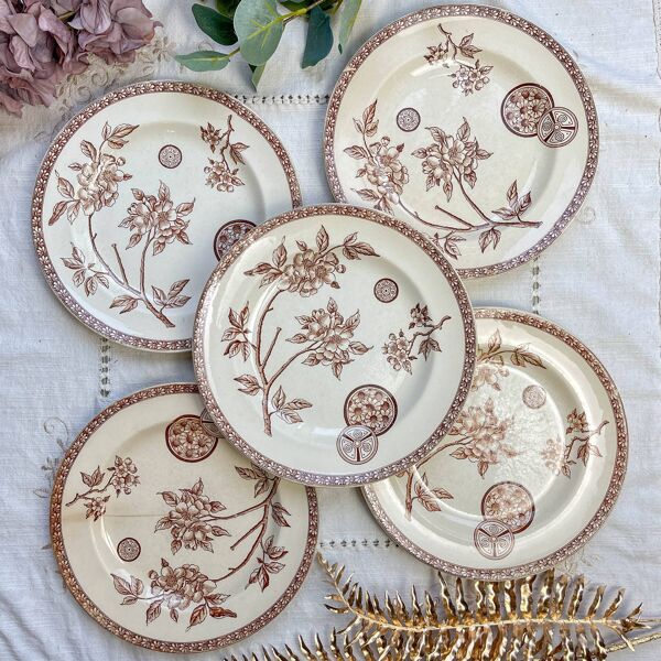 5 grandes assiettes anciennes en Terre de fer marron - Grand Dépôt Paris