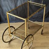 Chariot de bar, desserte en laiton et verre fumé, 1960