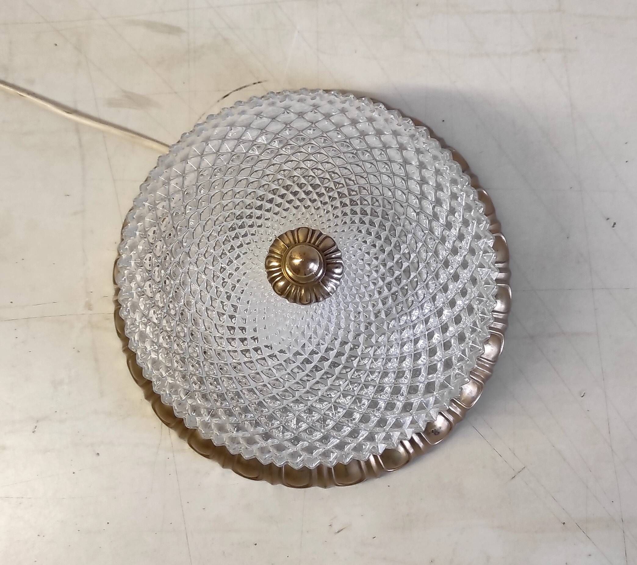 Golden brass ceiling light with diamond-shaped moulded glass - 1980s