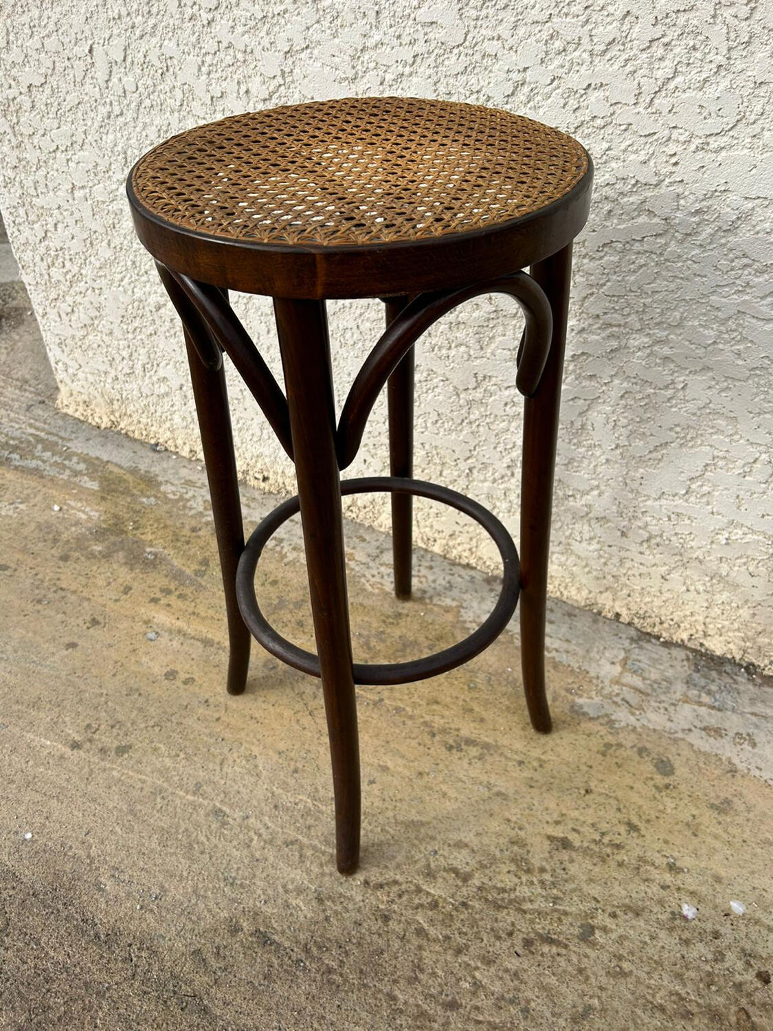 Tabouret de bar vintage en bois & cannage