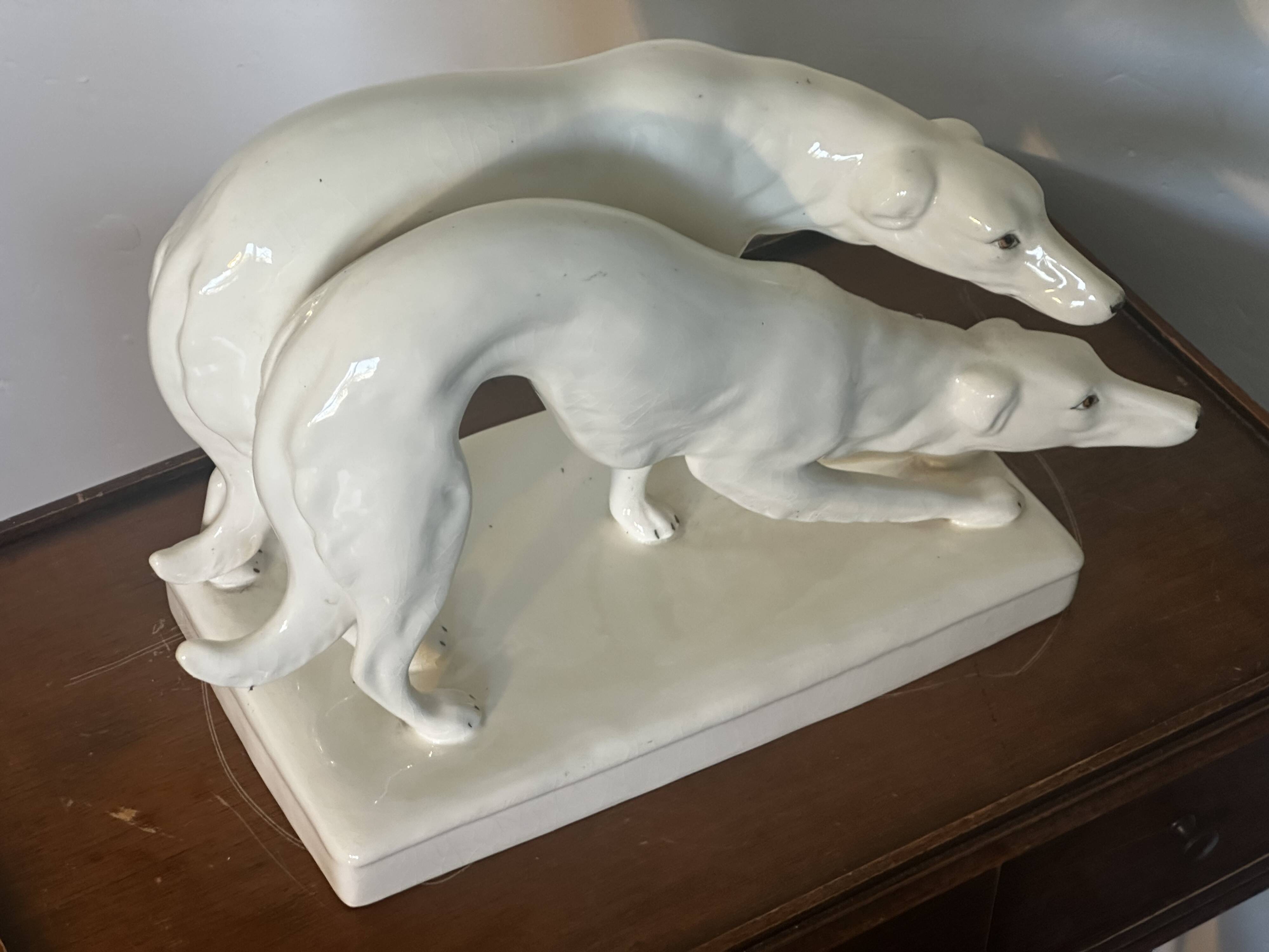 Pair of Borzoi - White Greyhounds - Art Deco ceramic