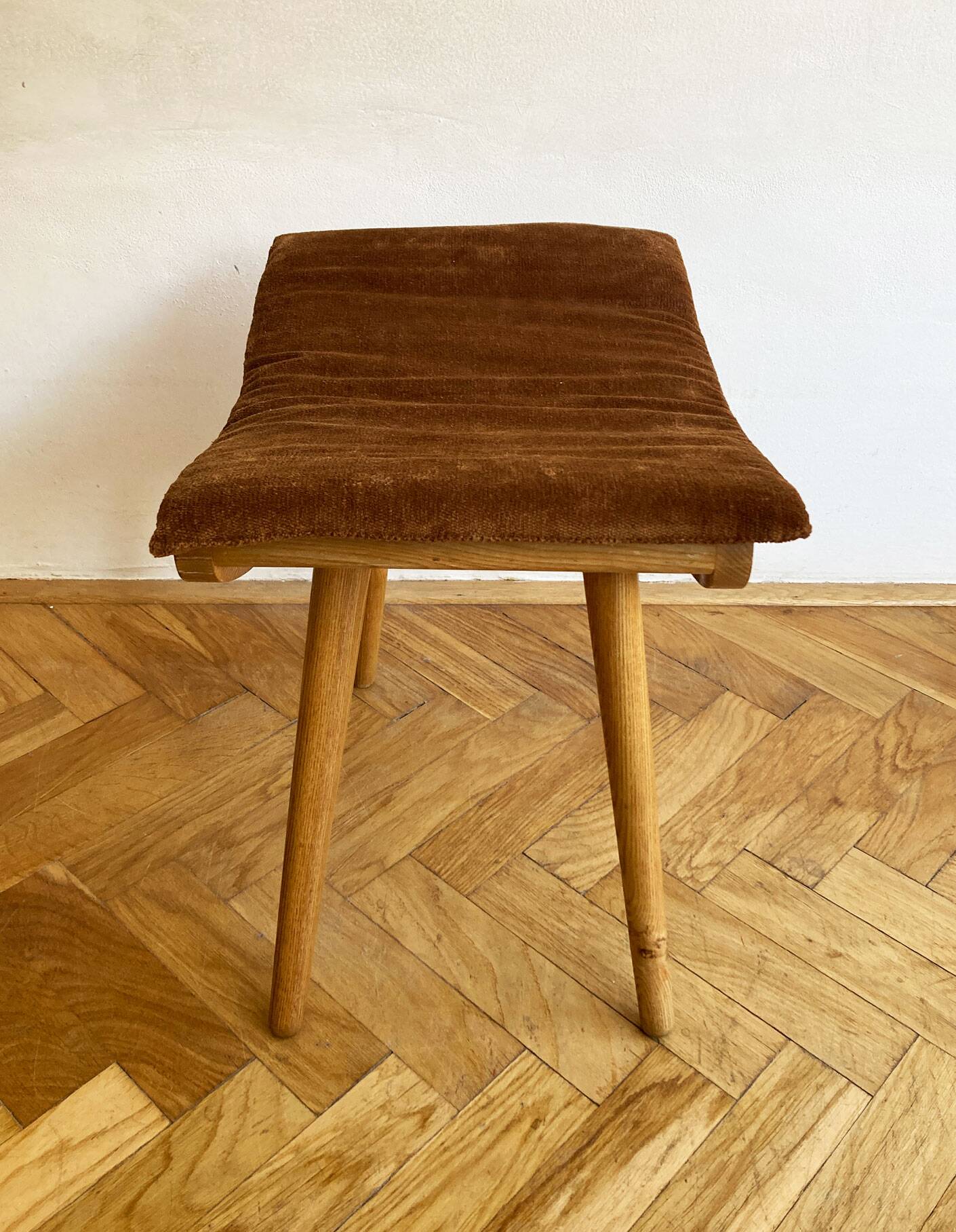 1970's Mid-Century Modern Beechwood Stool with New Upholstery