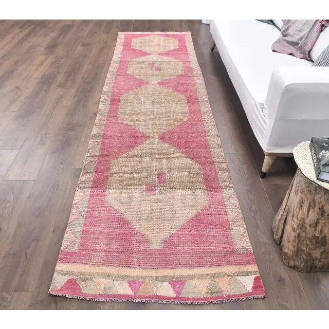 Vintage pink geometric Turkish hand-knotted runner 92x356