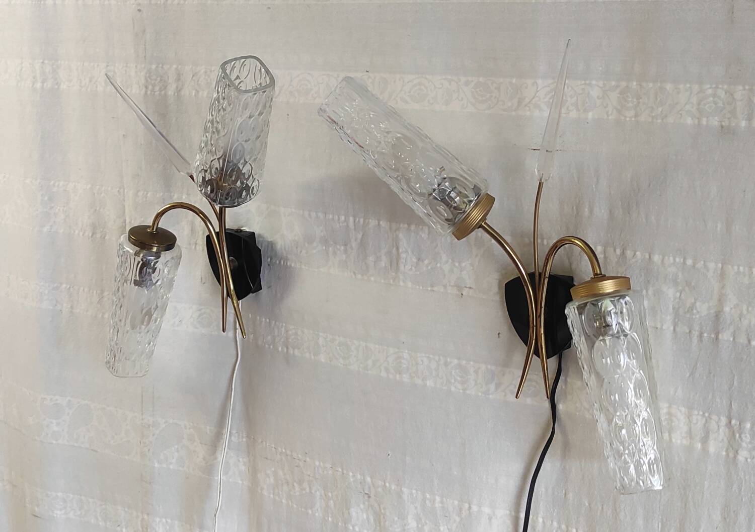 Double wall lights in gold metal and glass tulip - 60s/70s