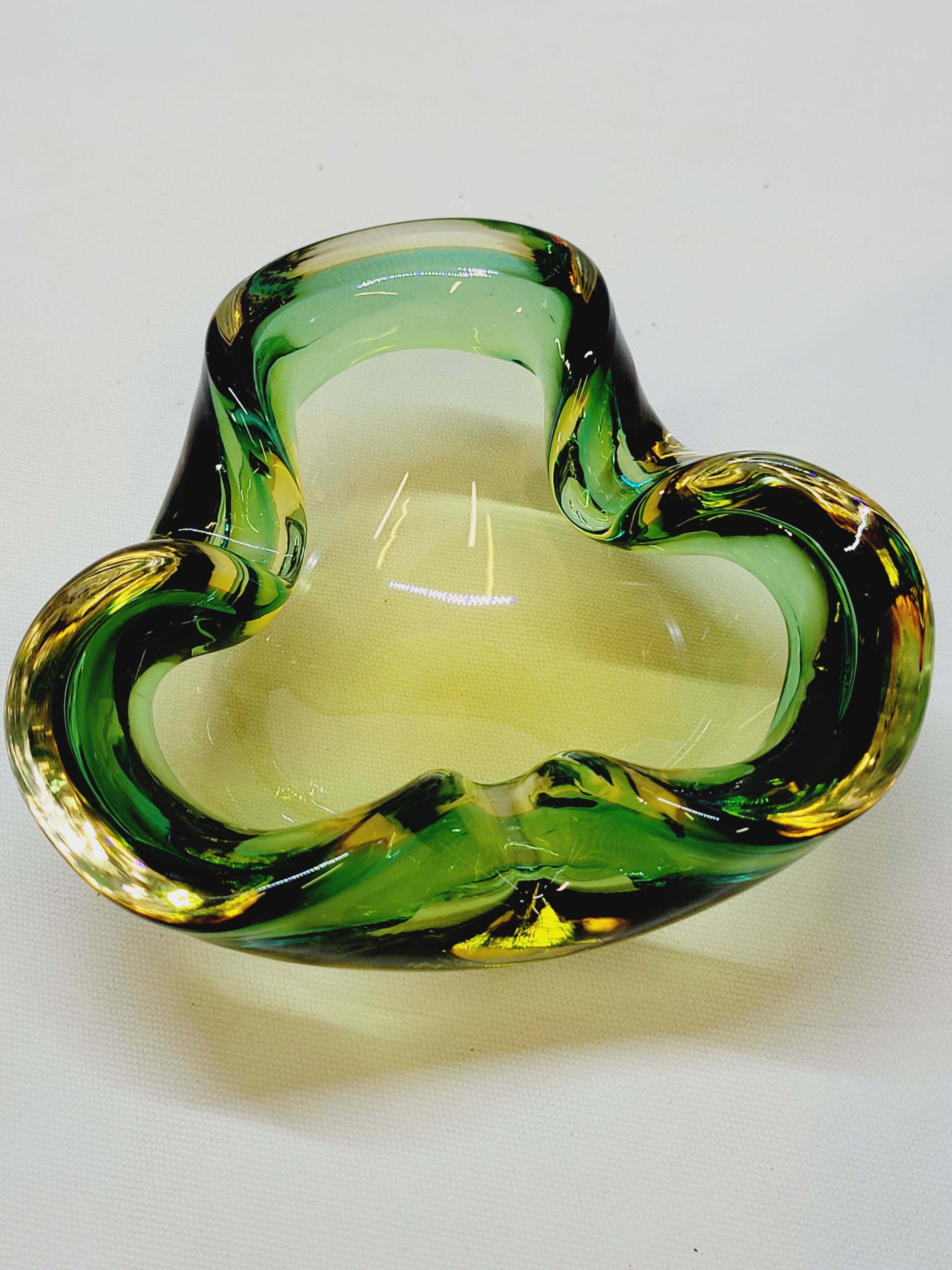 Empty Pocket Cup Ashtray Vintage Murano Glass Sommerso Green and Yellow