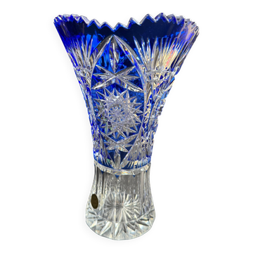 Grand vase – Cristal taillé doublé bleu cobalt - Bohême
