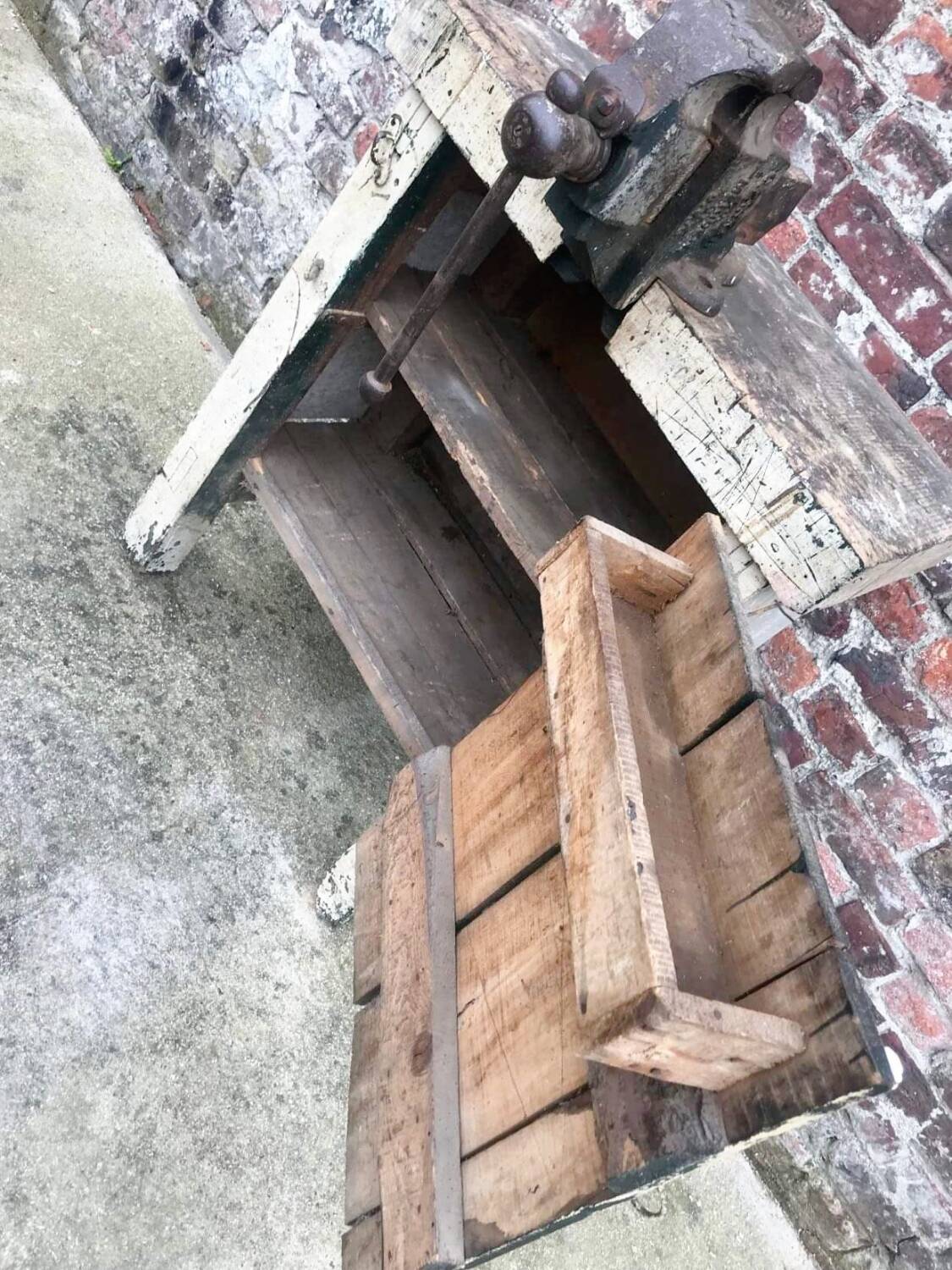Vintage workbench with vice, old trade furniture