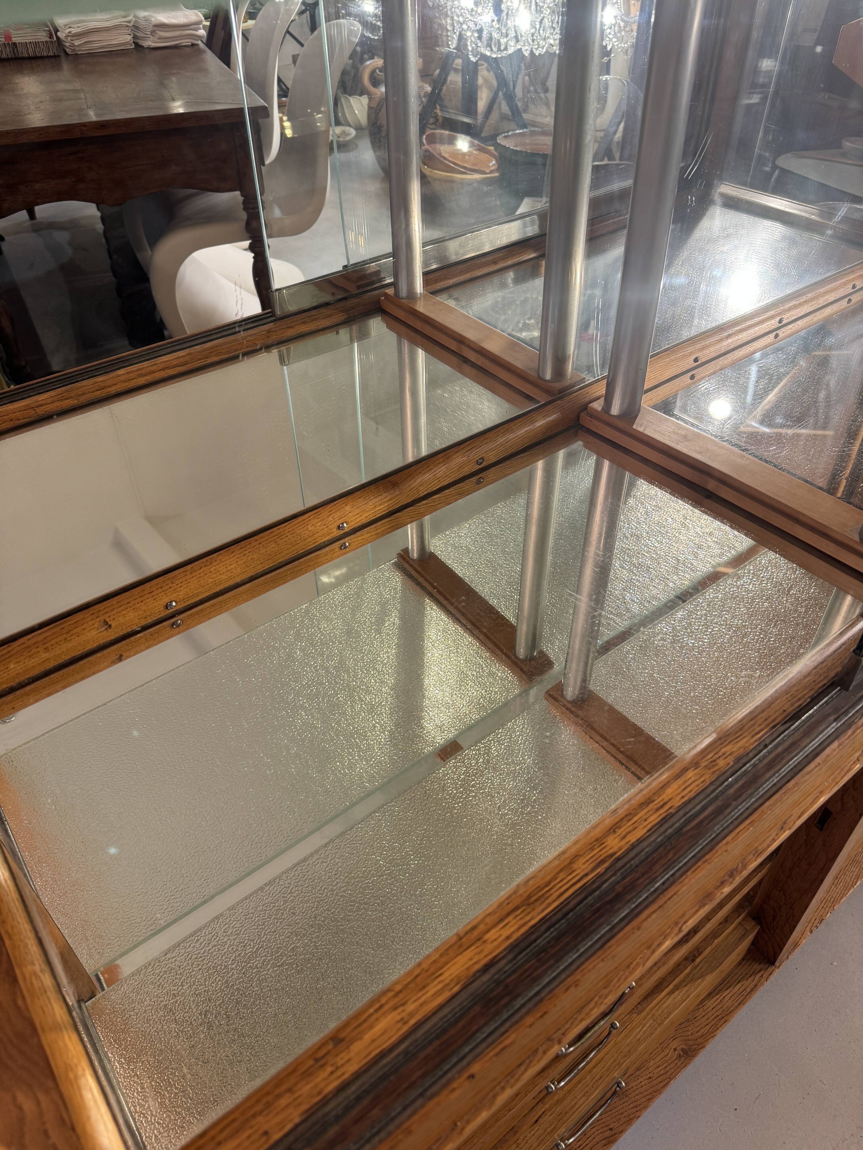 Large antique oak shop display cabinet