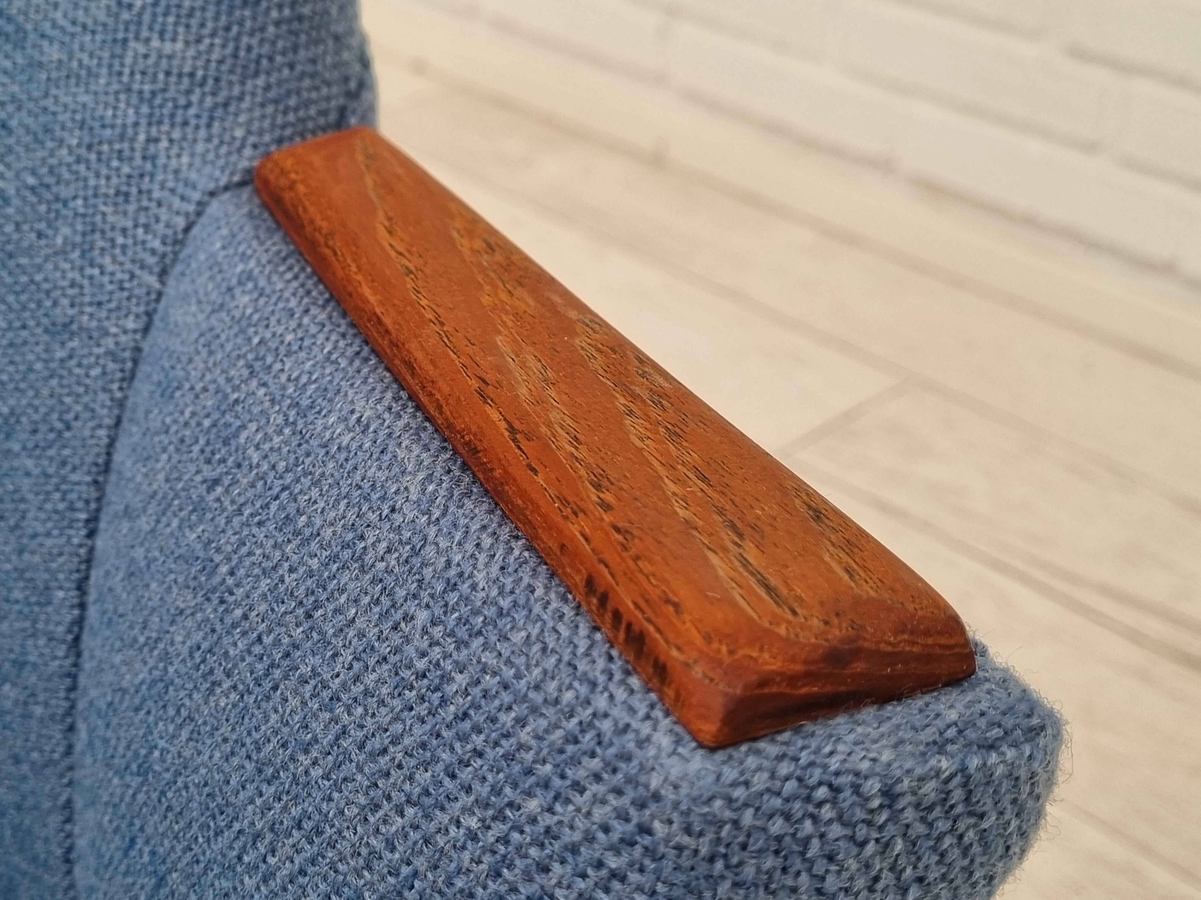 1960s, danish design, reupholstered lounge chair, camira furniture wool fabric, teak