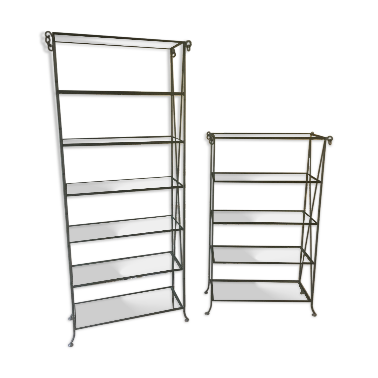 Pair of wrought iron and glass bookcase shelves