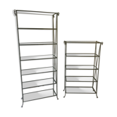 Pair of wrought iron and glass bookshelf shelves.