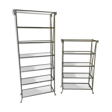 Pair of wrought iron and glass bookshelf shelves.