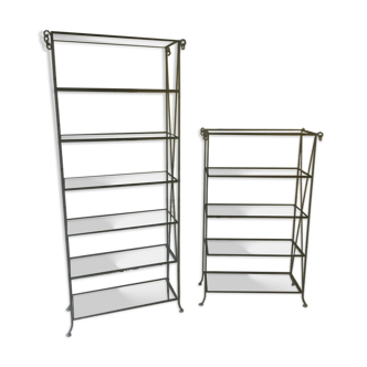 Pair of wrought iron and glass bookcase shelves