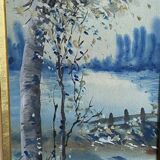 Large watercolor from the early 20th century, signed landscape of a wooded river bank