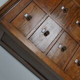 Large dutch oak apothecary cabinet / barber cabinet with enamel shields, 1900s
