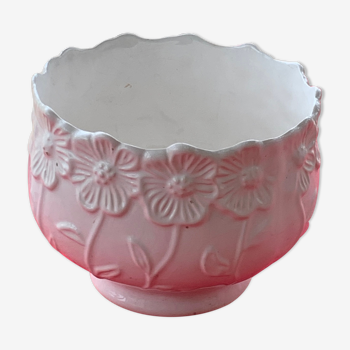 Cache pot barbotine en céramique émaillée blanc motif floral vintage