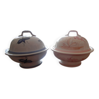 2 petites soupières HB Quimper numérotées 1 décor bleu 1 décor rose