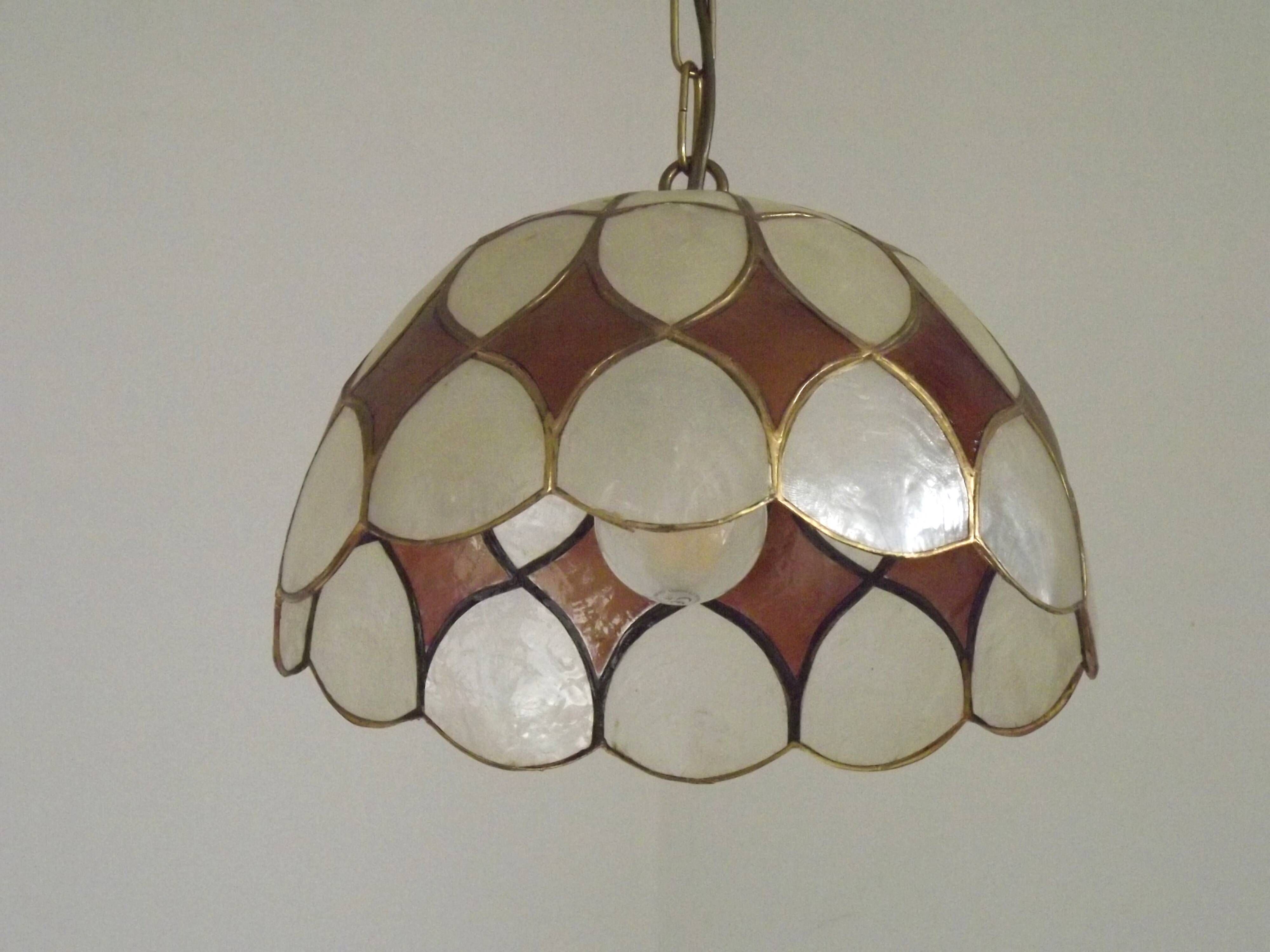French Vintage Capiz Shell Hanging Pendant Light in Brown & White Gold Trim