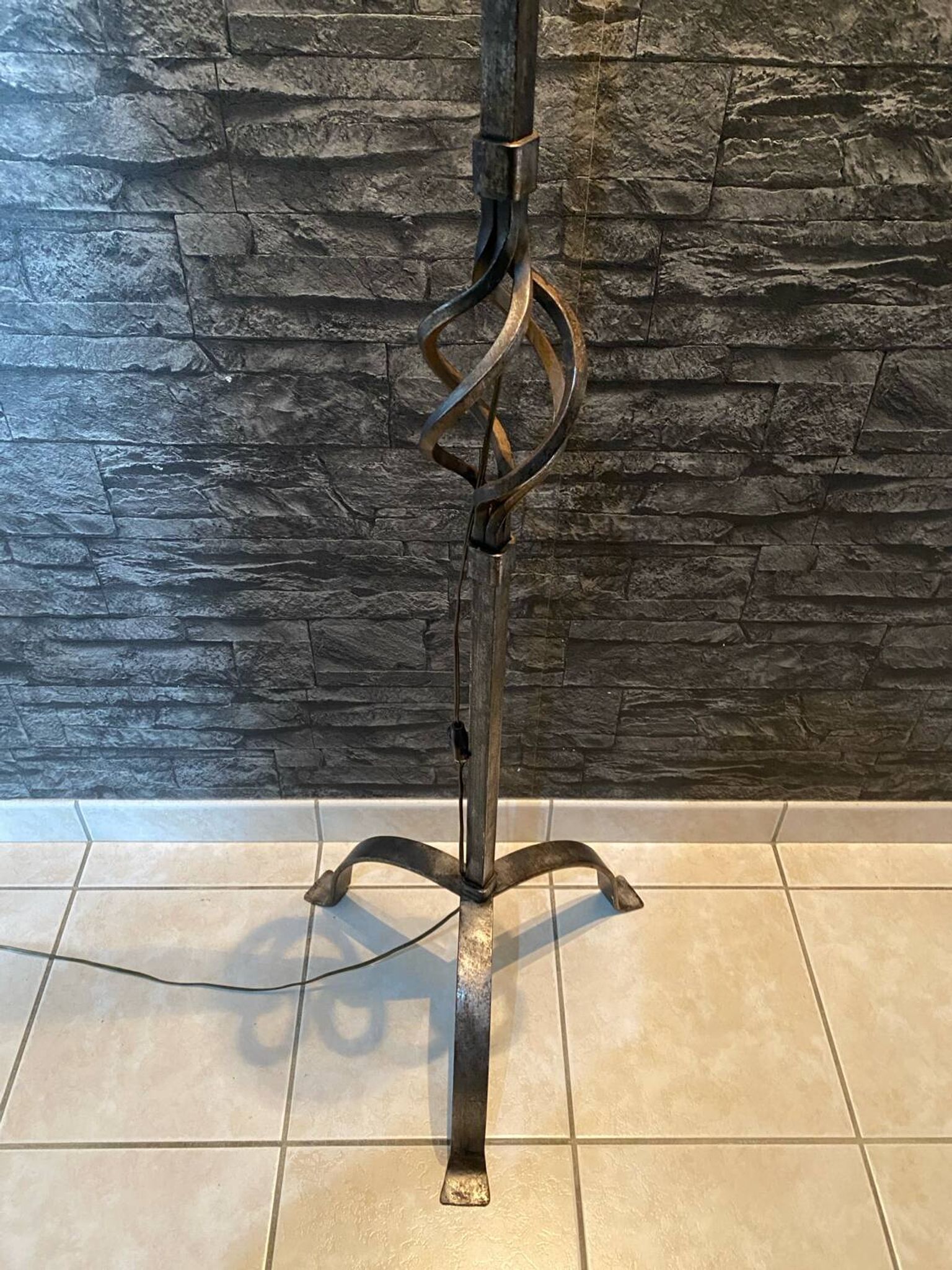 Brutalist tripod floor lamp in wrought iron