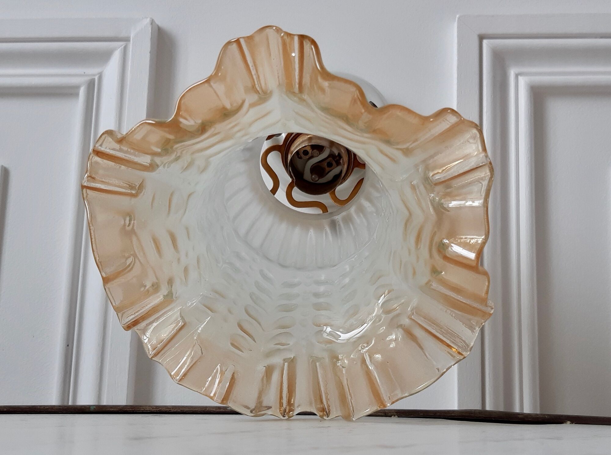Glass tulip bathroom wall lamp and white porcelain base early XXth