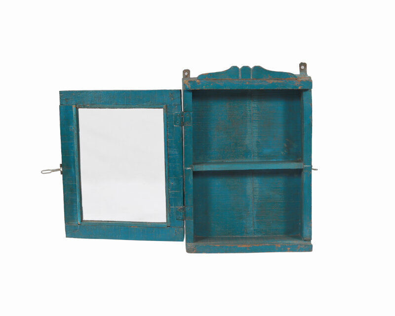 Vintage blue mural showcase old teck patina and piece of origin india