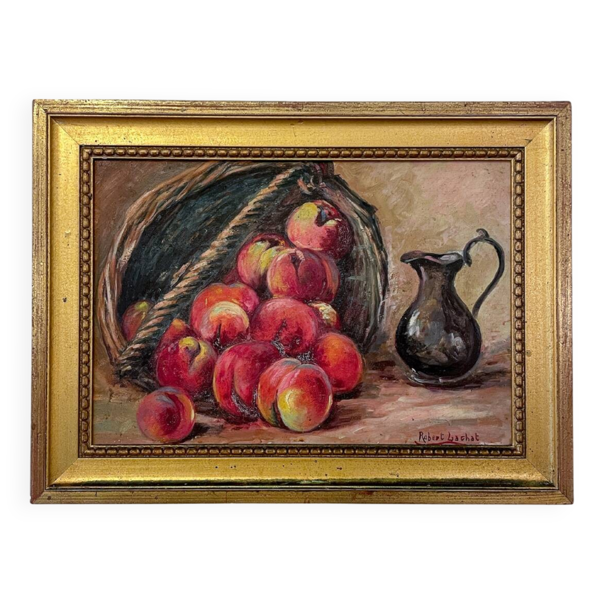 Still life - Basket of peaches and pitcher