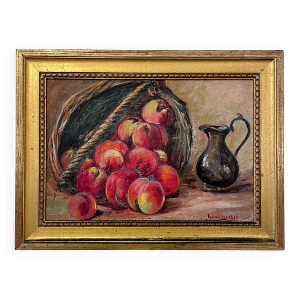 Nature morte - Panier de pêches et pichet