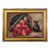 Still life - Basket of peaches and pitcher
