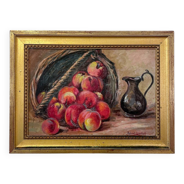 Nature morte - Panier de pêches et pichet