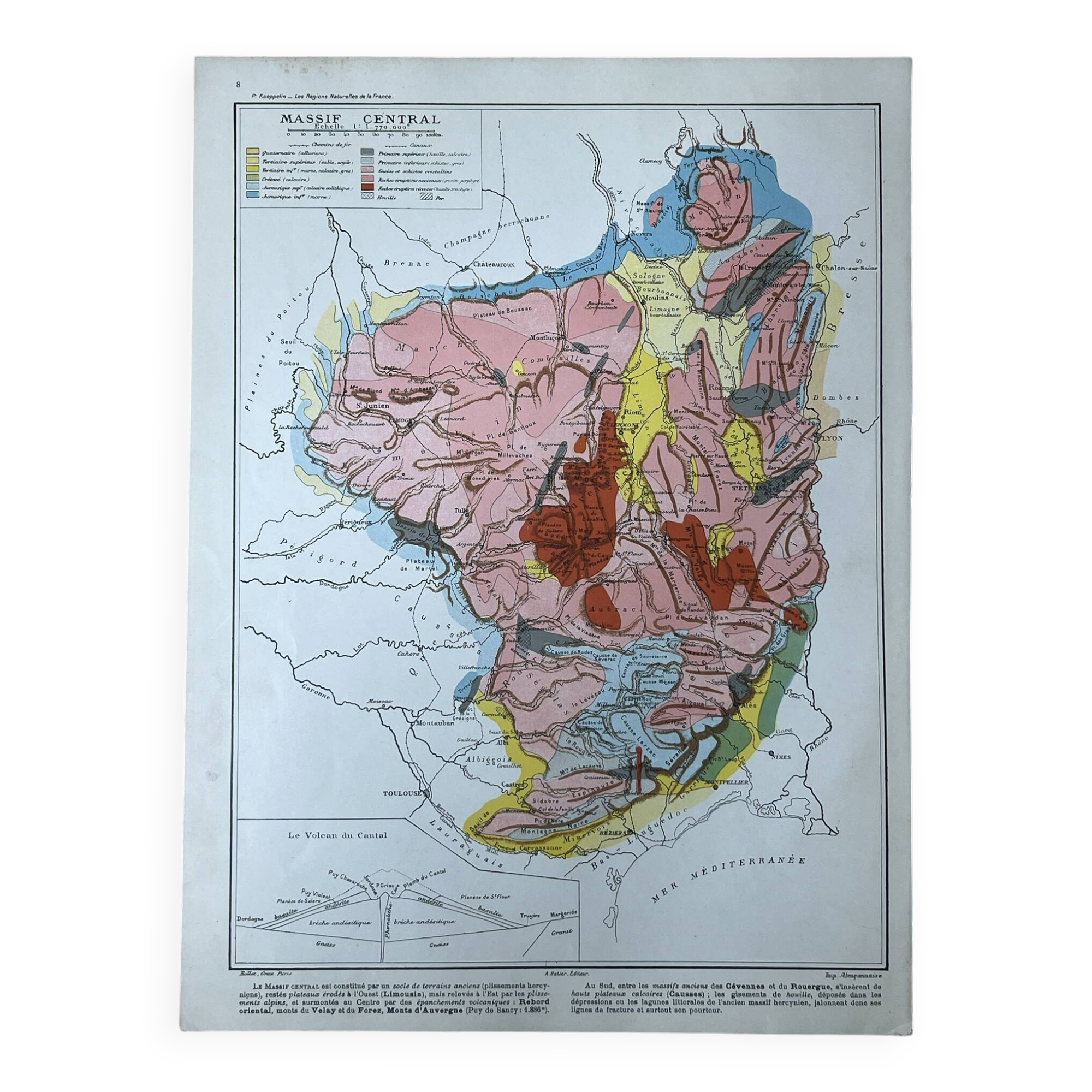 Original map of the Massif Central 37x27cm - 1908