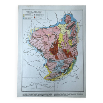 Original map of the Massif Central 37x27cm - 1908
