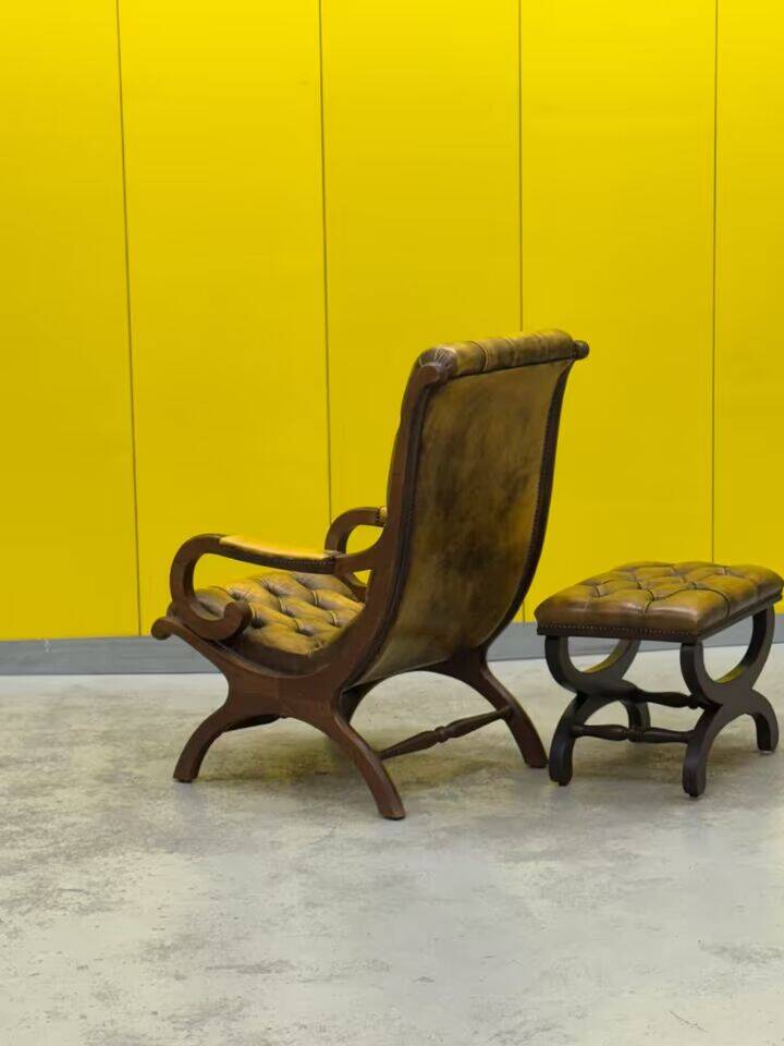 Original English Chesterfield Wingback Chair & Matching Footstool