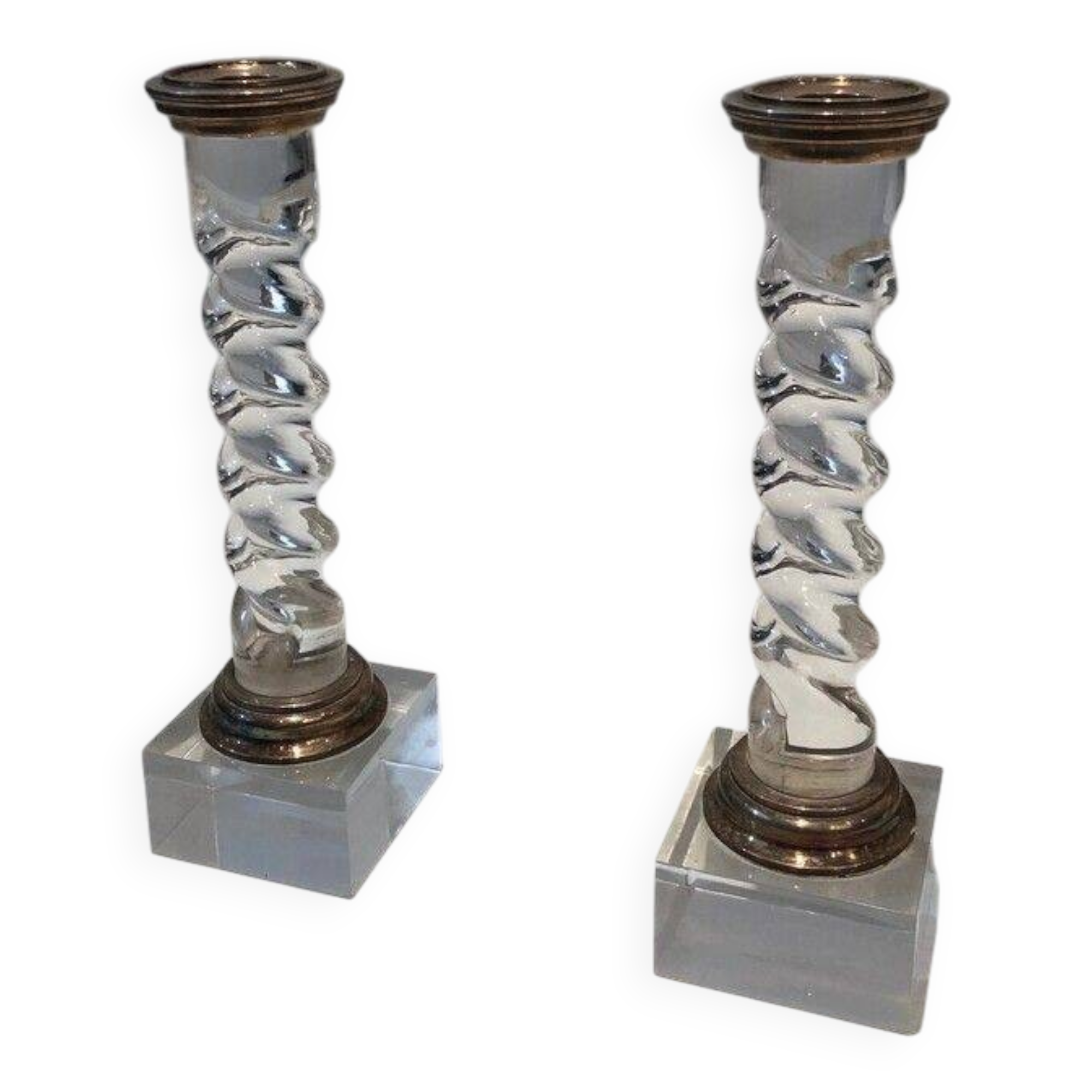 Pair of twisted plexiglass and silver-plated candlesticks