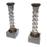 Pair of twisted plexiglass and silver-plated candlesticks