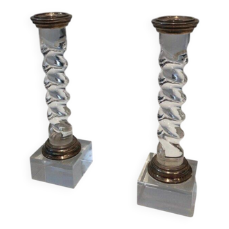Pair of twisted plexiglass and silver-plated candlesticks