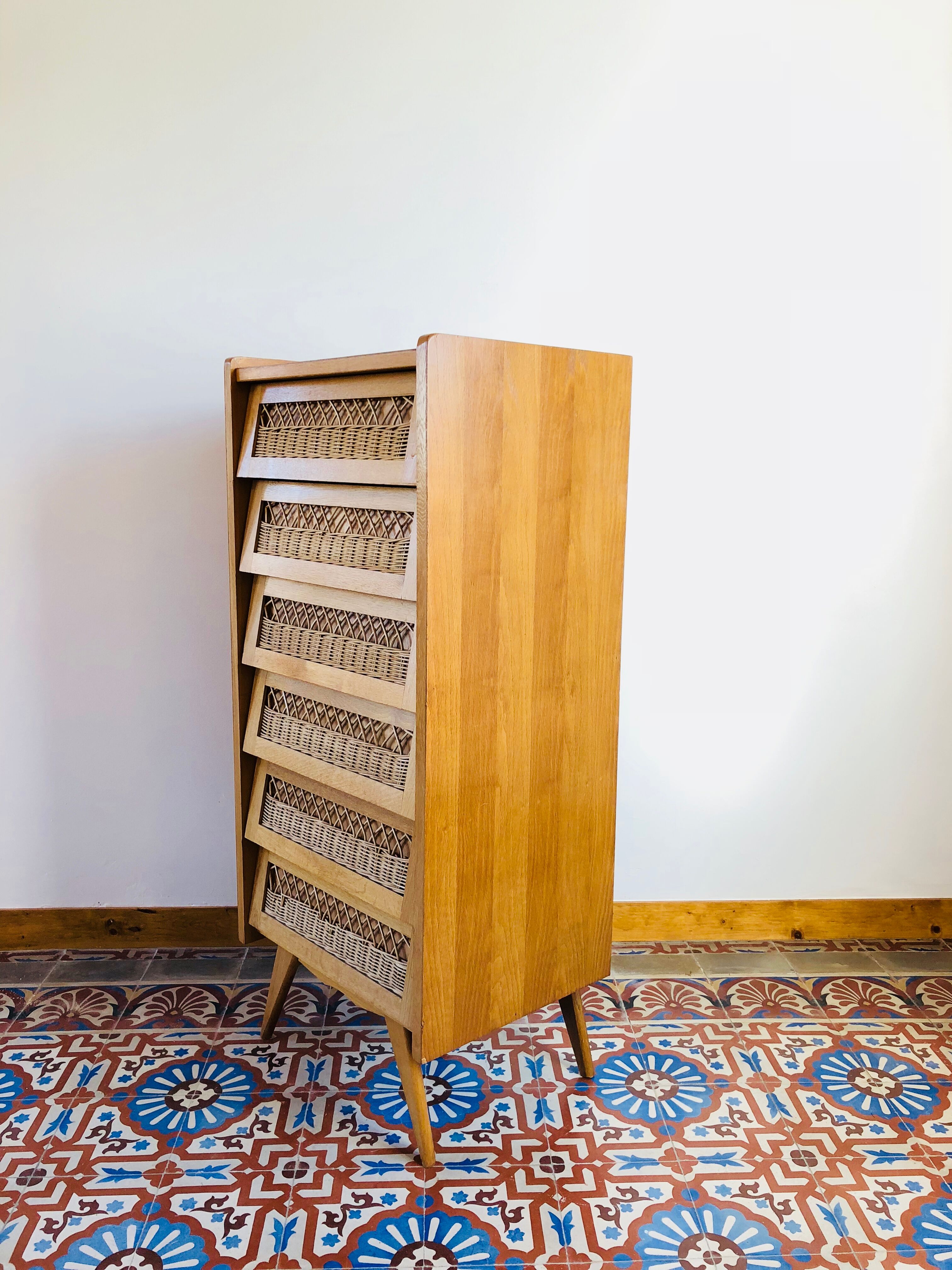 Chest of drawers vintage wood and wicker feet compass