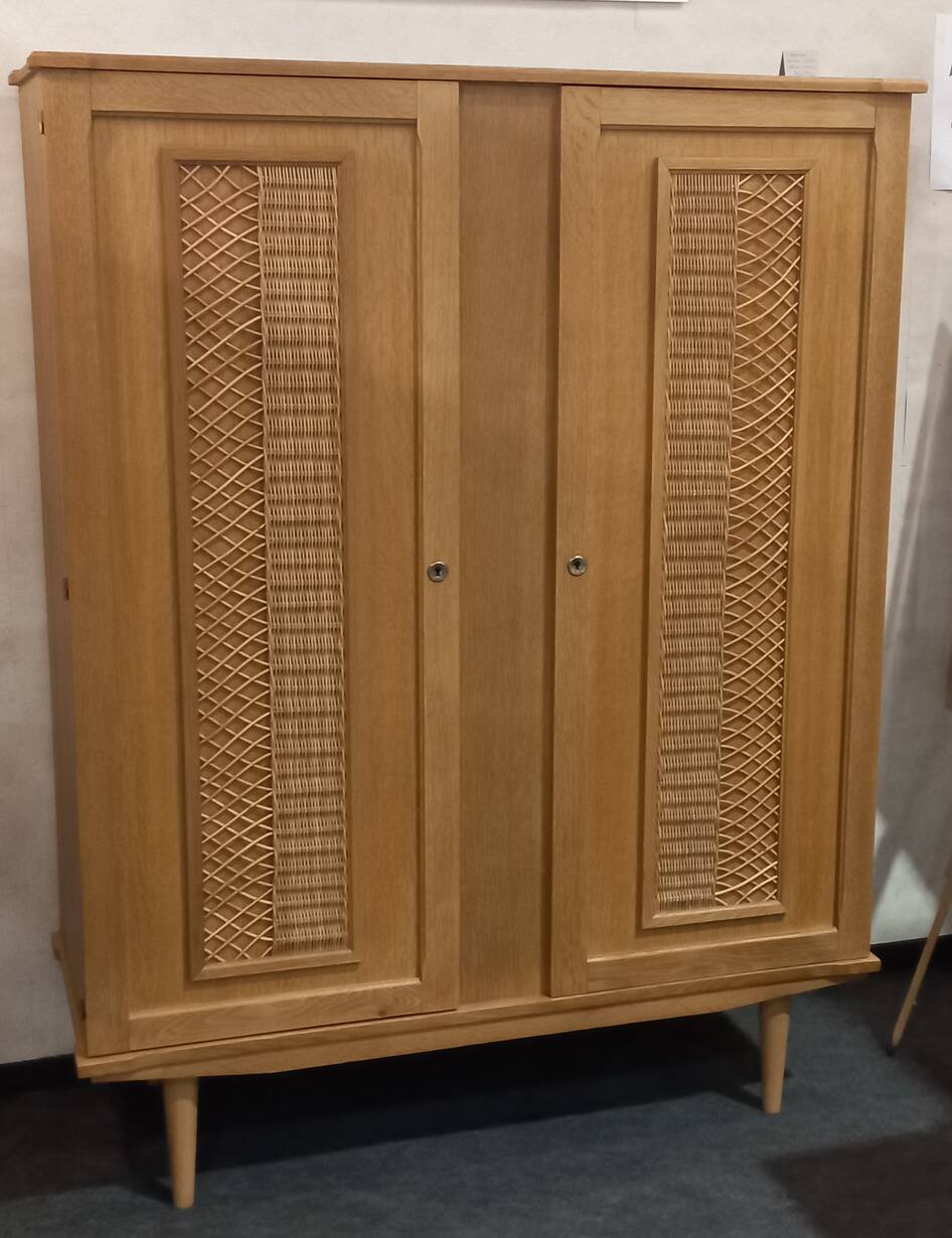 Vintage 70s rattan, wicker, and oak wardrobe