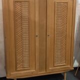Vintage 70s rattan, wicker, and oak wardrobe