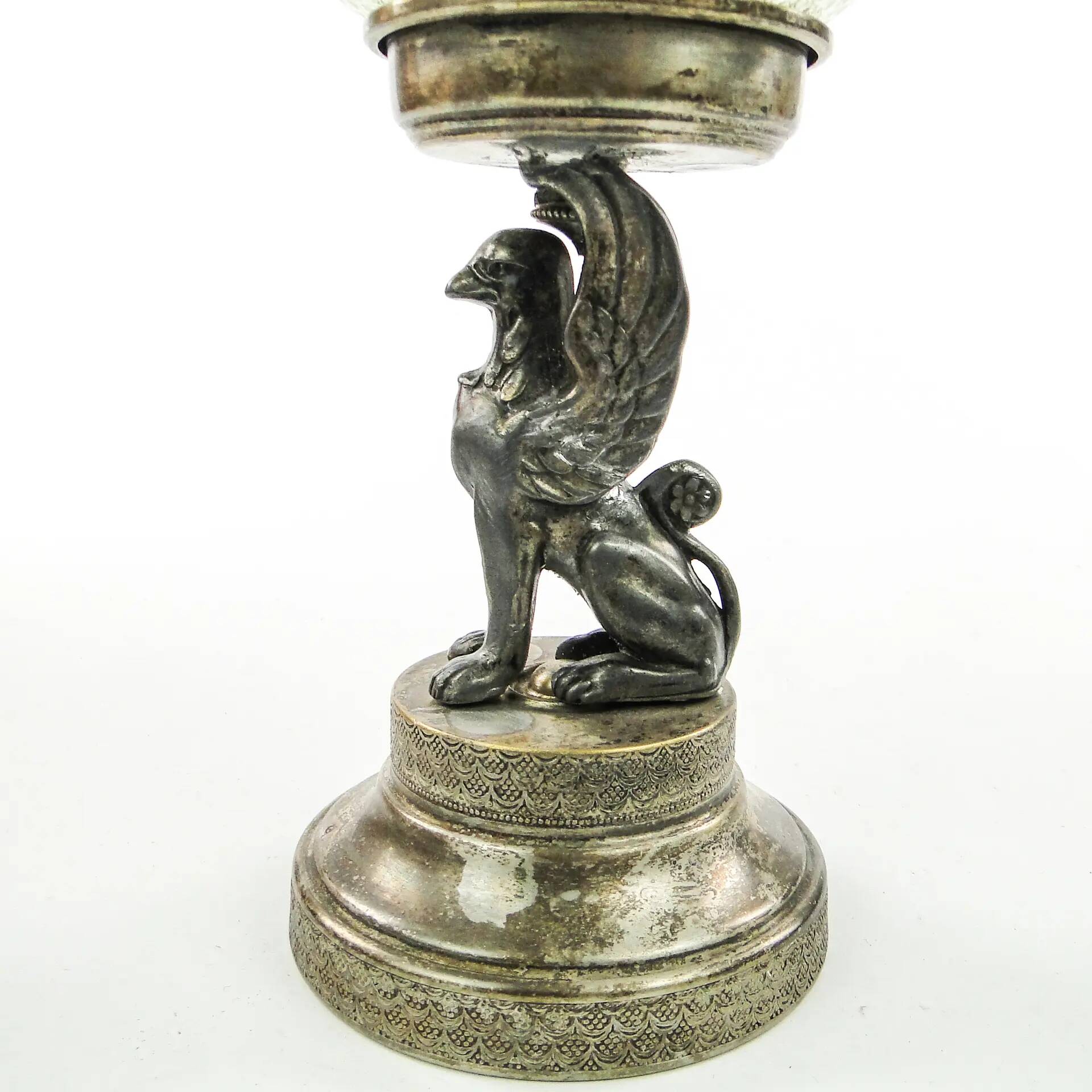 Neoclassical figural centerpiece with griffin, silver-plated pewter, silver-plated brass, Plewkiewicz manufactory, Poland, early 20th century