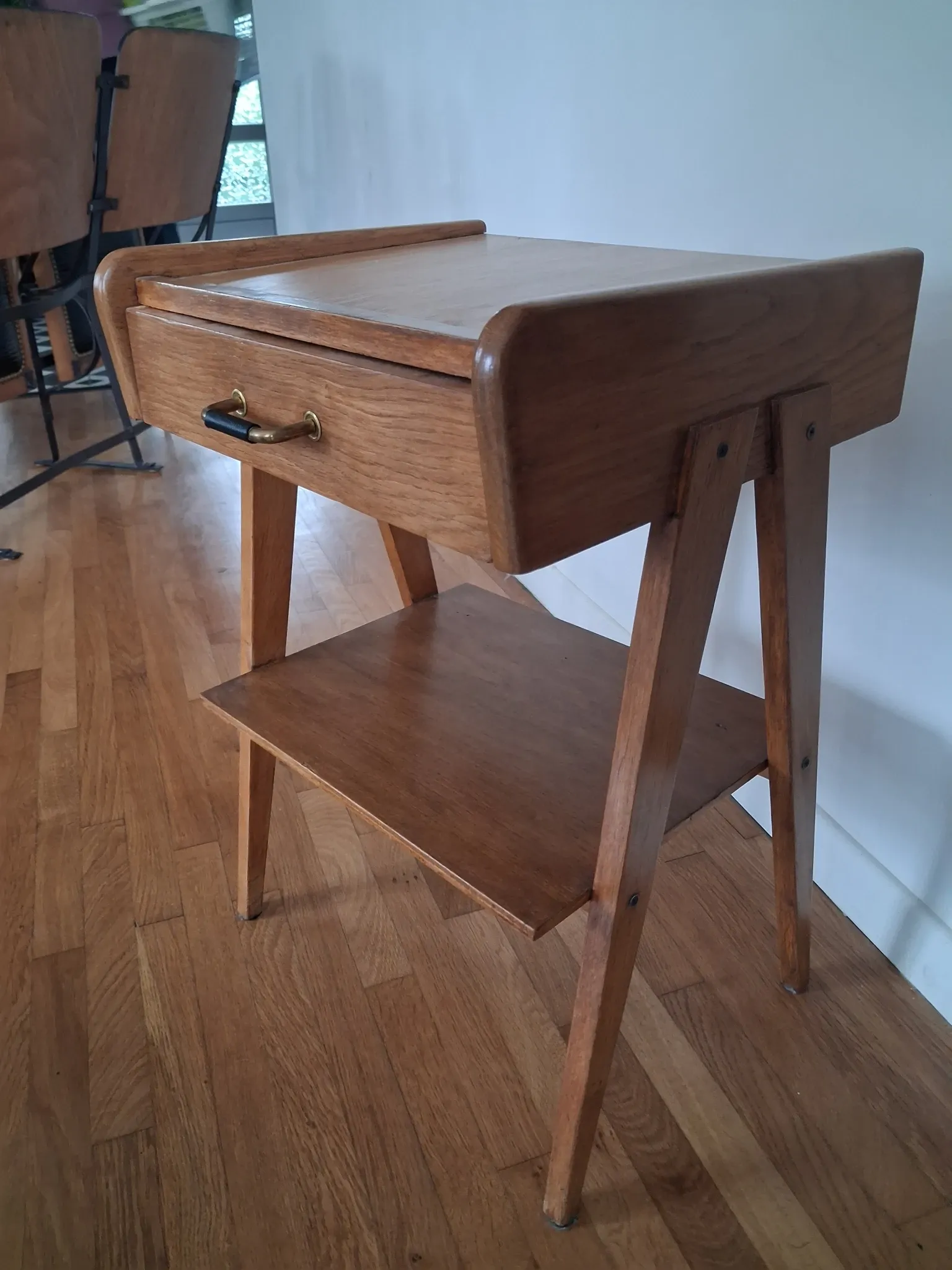60s compass leg bedside table in light chain.