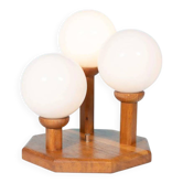 Lampe de table bohème boule en verre années 70, bois & verre