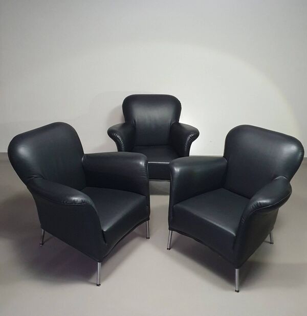 3 x fauteuil rare / modèle Turn / cuir noir / Bert Plantagie en parfait état.